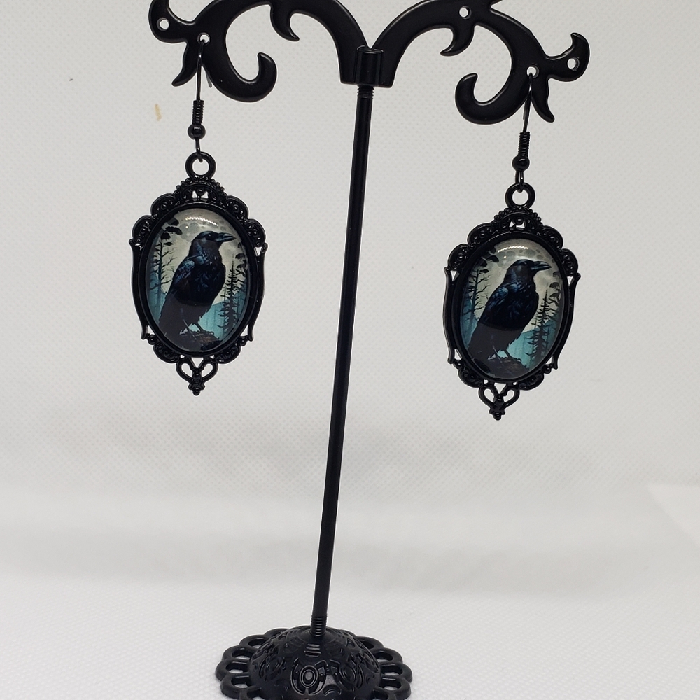 Halloween One pair of Gothic Poe Black Raven with Full Moon Earrings